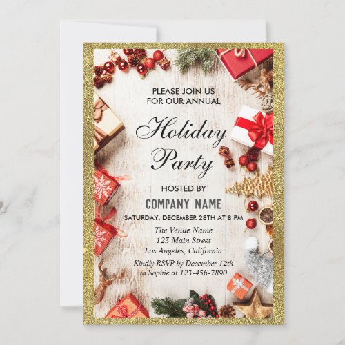 Festive Company Holiday Party White  Gold Glitter Invitation