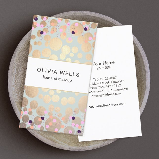 Festive Confetti & Gold Circles Look Beauty Salon Business Card (Creator Uploaded)