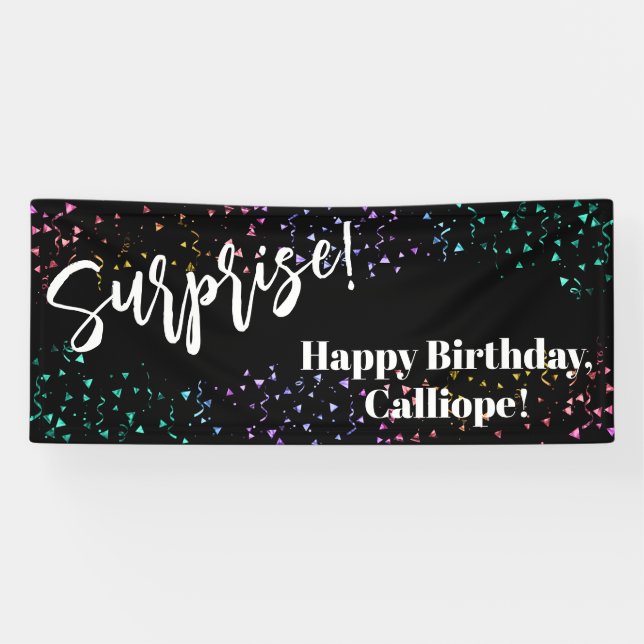 Festive Confetti Surprise Birthday Party Black Banner (Horizontal)