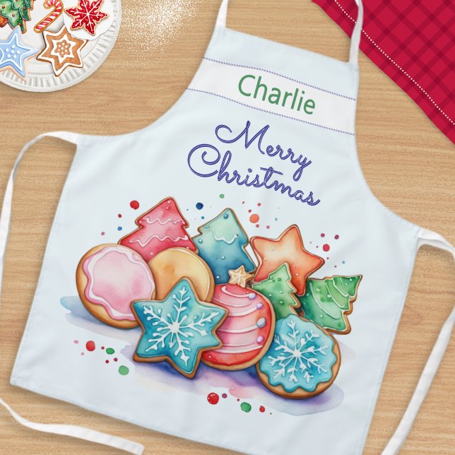 Festive Cookies Merry Christmas Personalized Apron (A personalized kitchen apron, with colorful Christmas cookies illustration in a watercolor style)