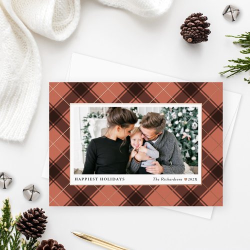 Festive Copper and Rose Gold Tartan Plaid Photo Foil Holiday Card