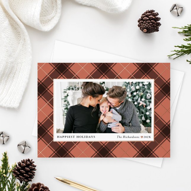 Festive Copper and Rose Gold Tartan Plaid Photo Foil Holiday Card (Creator Uploaded)