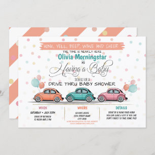 Festive Coral Drive By Baby Shower Parade Invitation