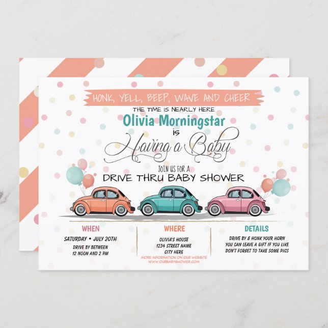 Festive Coral Drive By Baby Shower Parade Invitation (Front/Back)