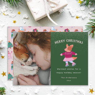 Festive Corgi Ice Skating Green Christmas Holiday Card