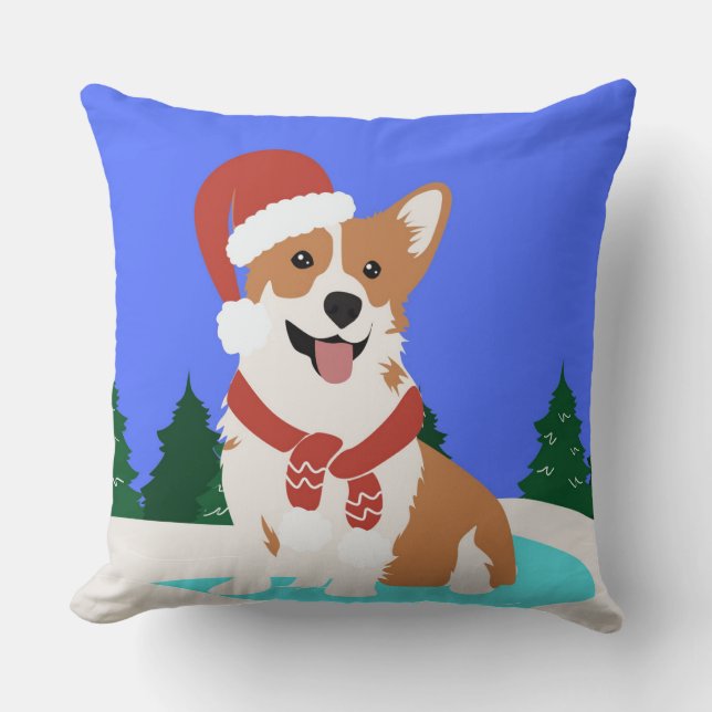 Festive Corgi in Winter Wonderland Throw Pillow (Front)
