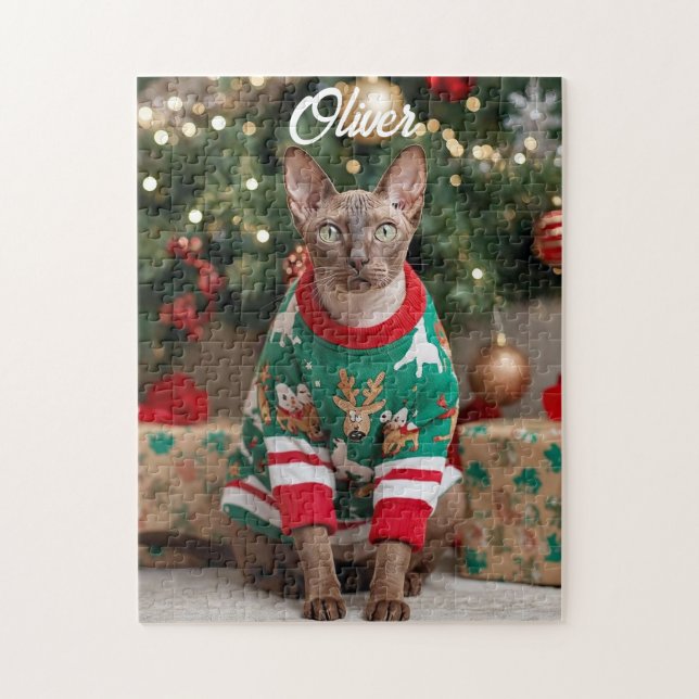 Festive Cornish Rex Cat Christmas Personalized Jigsaw Puzzle (Vertical)