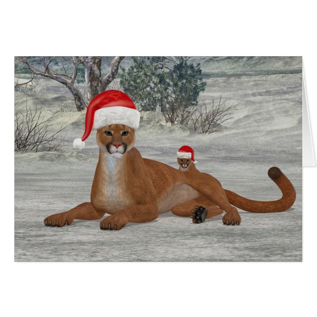 Festive Cougar And Cub Cards (Front Horizontal)