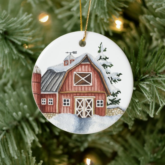 festive Country barn rustic Ceramic Ornament (Tree)