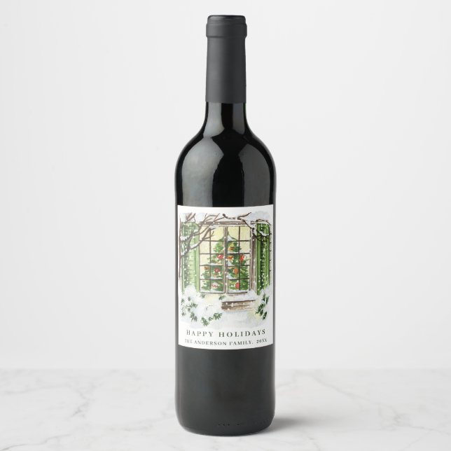Festive Country Christmas House Holiday Party Wine Label (Front)