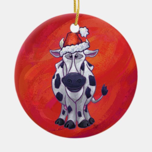 Festive Cow in Santa Hat on Red Ceramic Ornament
