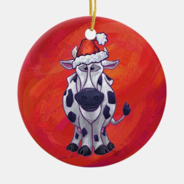 Festive Cow in Santa Hat on Red Ceramic Ornament (Front)