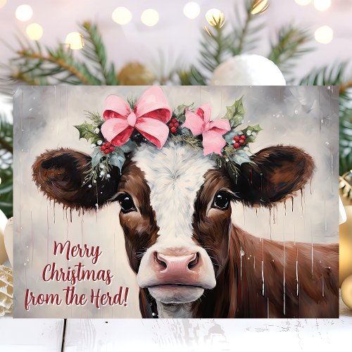 Festive Cow Merry Christmas From The Herd Holiday Card