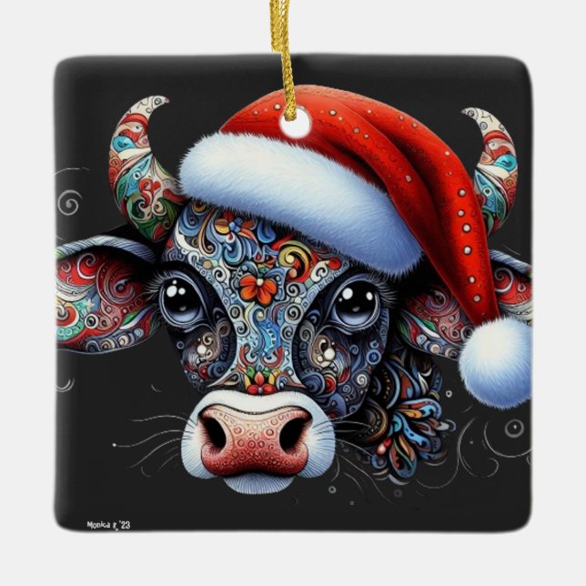 Festive Cow with Santa Hat – Mexican Folk Art Ceramic Ornament (Front)