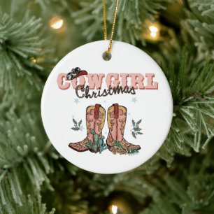 Festive Cowgirl Christmas add sentiment Year Ceramic Ornament