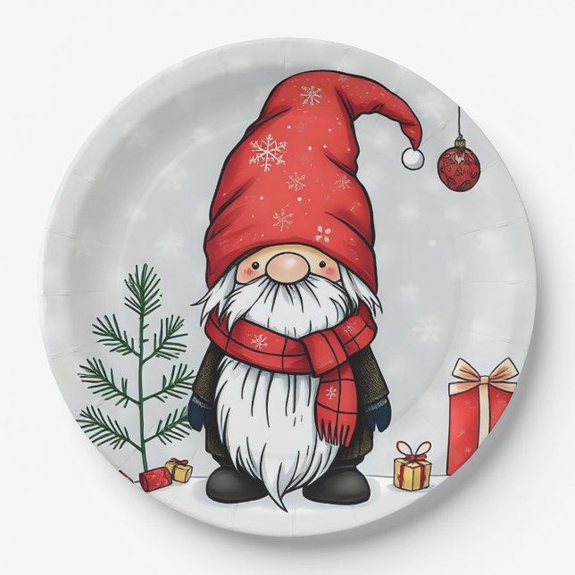 Festive cozy christmas gnome in Disguise  Paper Plates (Front)