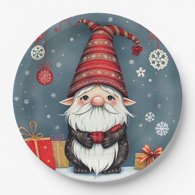 Festive cozy christmas gnome in Disguise  Paper Plates (Front)