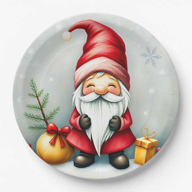 Festive cozy christmas gnome in Disguise  Paper Plates (Front)