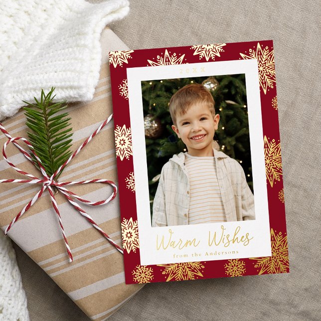 Festive Cranberry and Gold Snowflakes Photo Foil Holiday Card (Creator Uploaded)