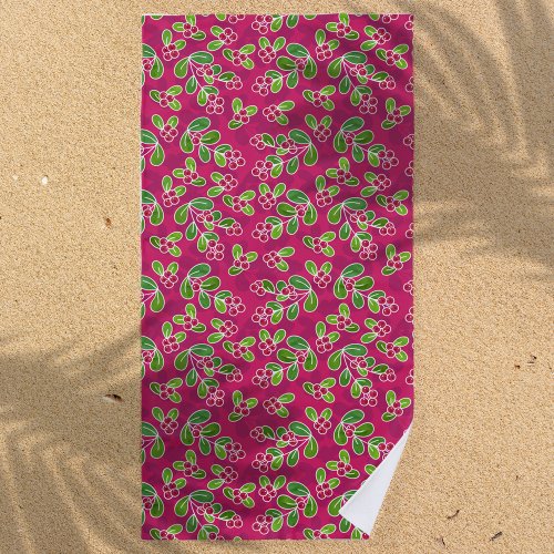 Festive Cranberry Foliage Pattern Fuchsia  Beach Towel