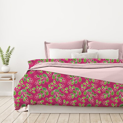 Festive Cranberry Foliage Pattern Fuchsia  Duvet Cover