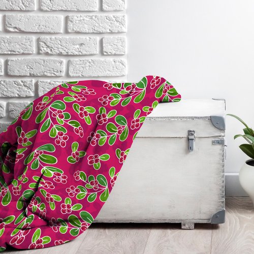 Festive Cranberry Foliage Pattern Fuchsia  Fleece Blanket