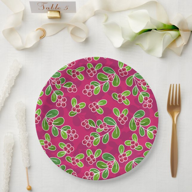 Festive Cranberry Foliage Pattern, Fuchsia  Paper Plates (Wedding)