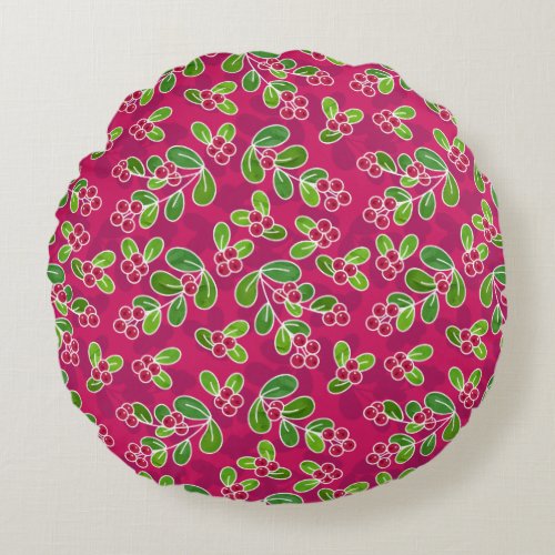 Festive Cranberry Foliage Pattern Fuchsia  Round Pillow