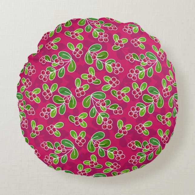 Festive Cranberry Foliage Pattern, Fuchsia  Round Pillow (Front)
