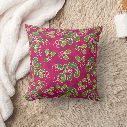 Festive Cranberry Foliage Pattern Fuchsia  Throw Pillow