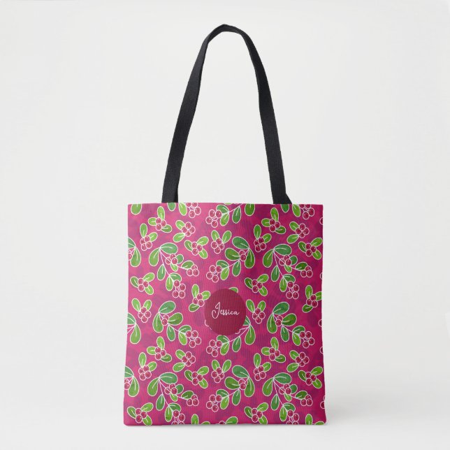 Festive Cranberry Foliage Pattern, Fuchsia  Tote Bag (Front)