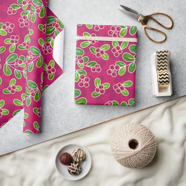 Festive Cranberry Foliage Pattern, Fuchsia  Wrapping Paper (Crafts)