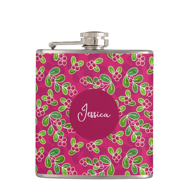 Festive Cranberry Fruit Pattern, Fuchsia  Flask (Front)