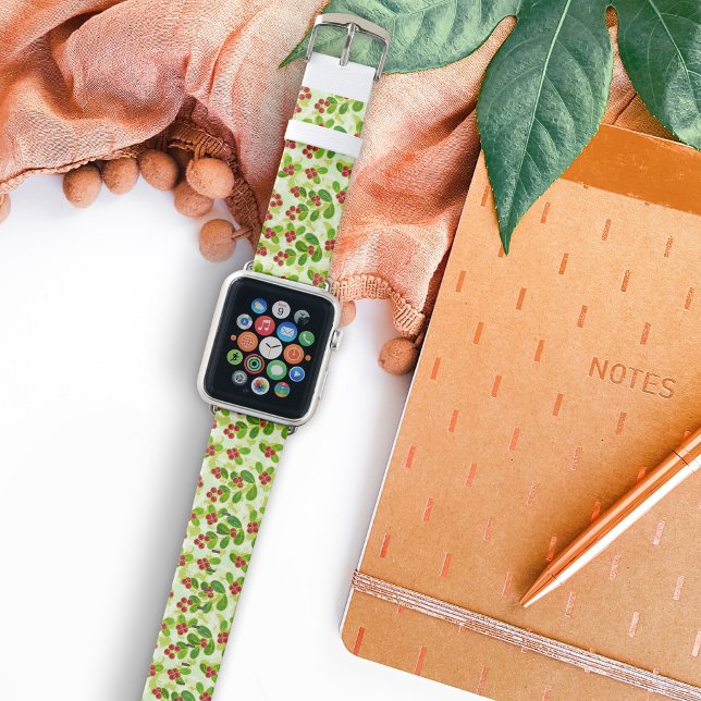 Festive Cranberry Fruit Pattern, Green Apple Watch Band (Cranberry Foliage Pattern in Green Apple Watch Band)