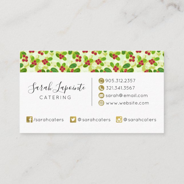 Festive Cranberry Fruit Pattern, Green Business Card (Back)