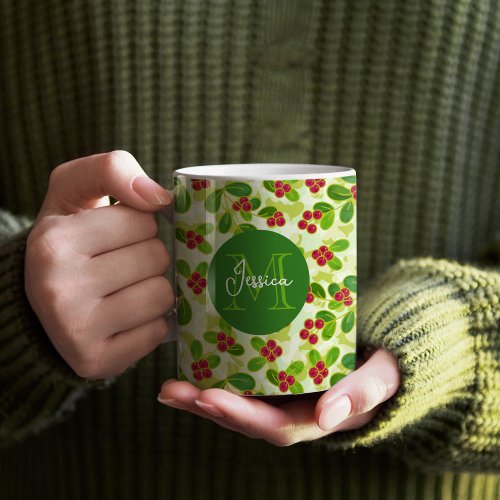 Festive Cranberry Fruit Pattern Green Coffee Mug