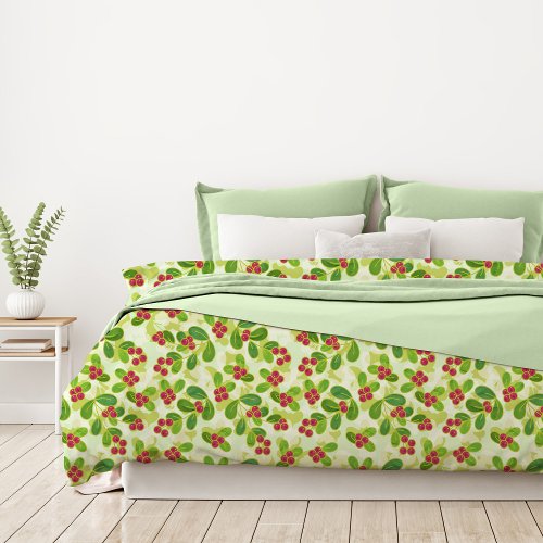 Festive Cranberry Fruit Pattern Green Duvet Cover