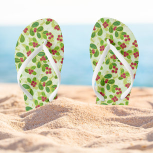 Festive Cranberry Fruit Pattern, Green Flip Flops