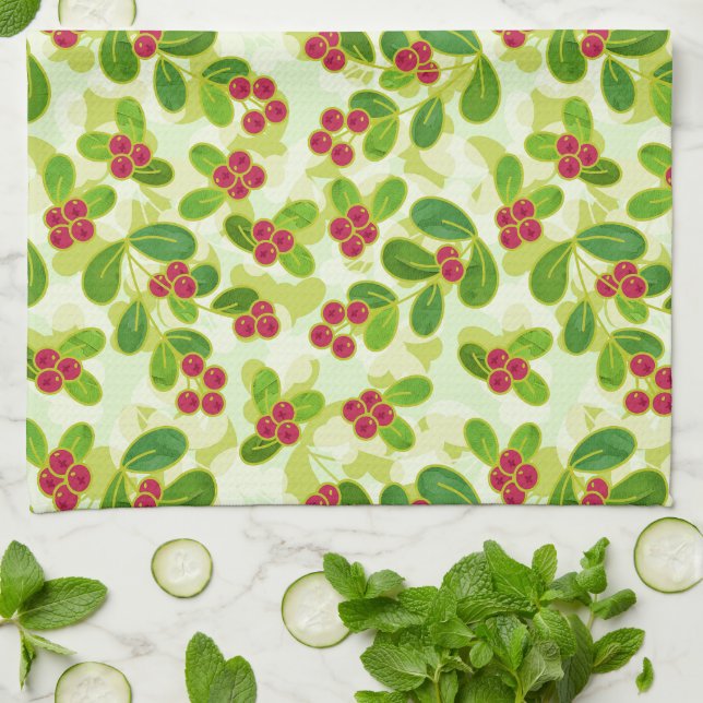 Festive Cranberry Fruit Pattern, Green Kitchen Towel (Folded)