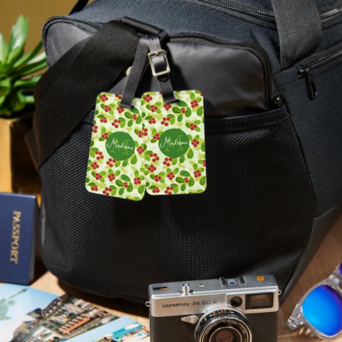 Festive Cranberry Fruit Pattern Green Luggage Tag