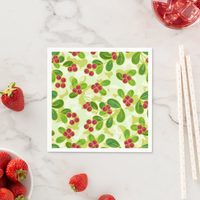 Festive Cranberry Fruit Pattern, Green Napkins (Insitu)