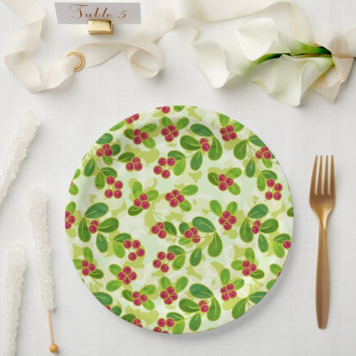 Festive Cranberry Fruit Pattern Green Paper Plates