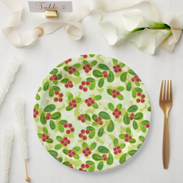 Festive Cranberry Fruit Pattern, Green Paper Plates (Wedding)