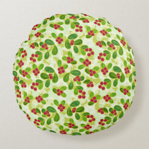 Festive Cranberry Fruit Pattern, Green Round Pillow