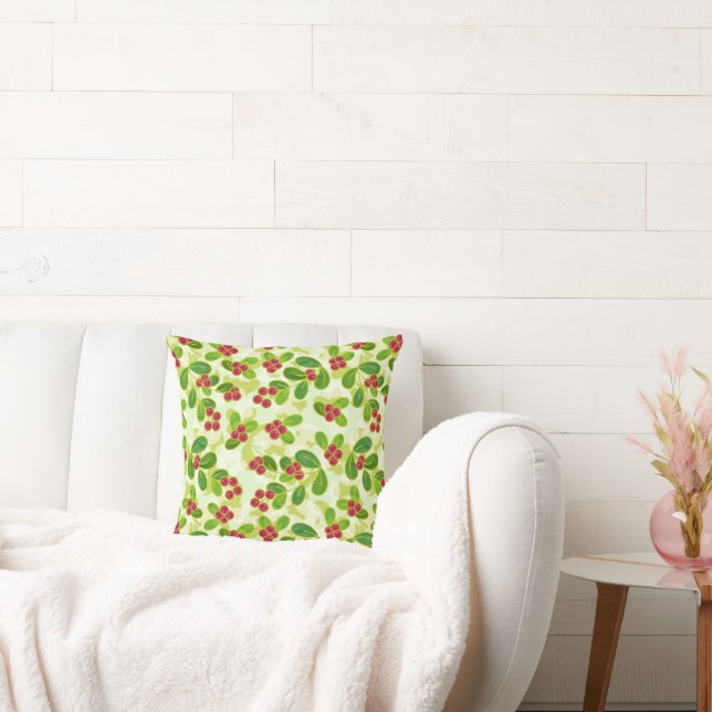 Festive Cranberry Fruit Pattern, Green Throw Pillow (Couch)