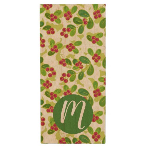 Festive Cranberry Fruit Pattern Green Wood Flash Drive