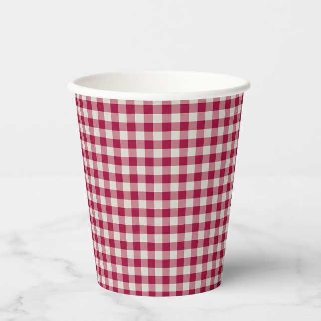 Festive Cranberry Red Gingham Plaid Rustic Holiday Paper Cups (Front)