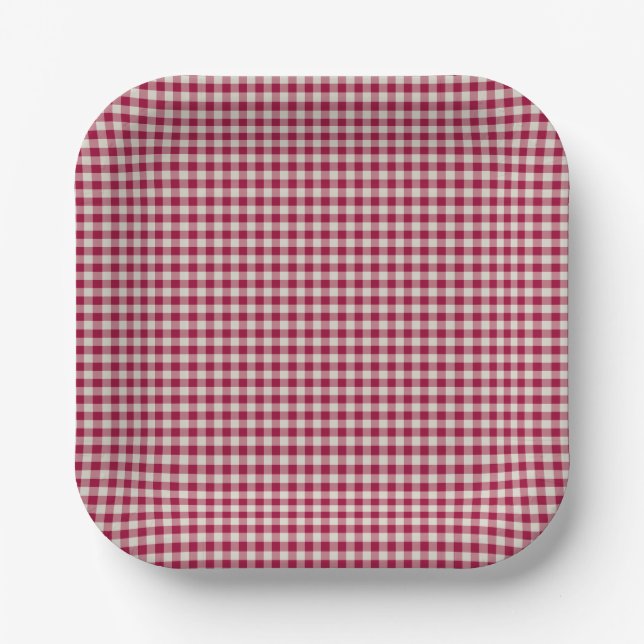 Festive Cranberry Red Gingham Plaid Rustic Holiday Paper Plates (Front)