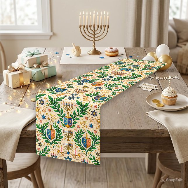 Festive Cream Blue Hanukkah Pattern Short Table Runner (Creator Uploaded)