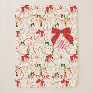 Festive Cream Nutcracker Candy Cane Sherpa Blanket